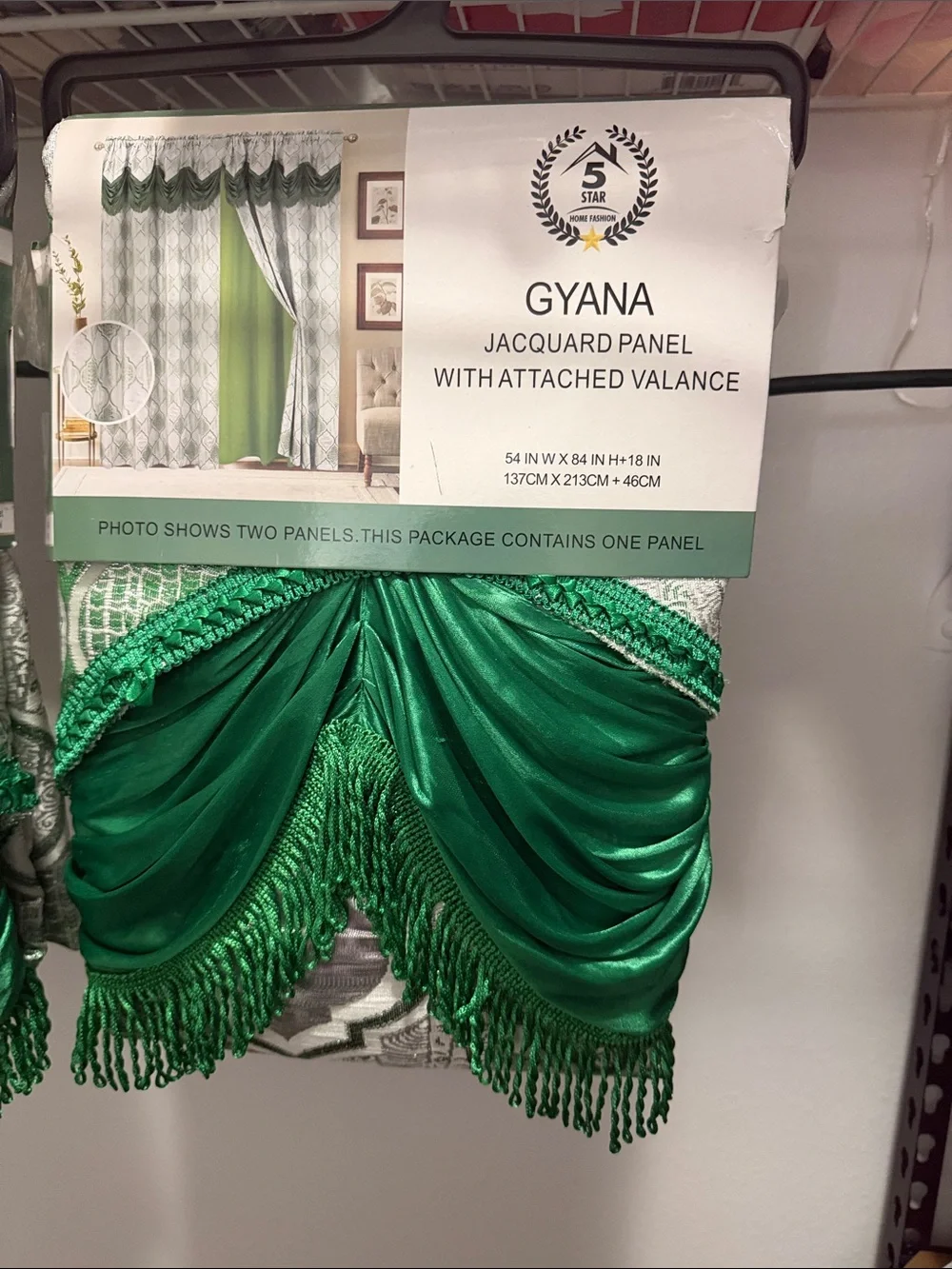 Emerald Green Jacquard Curtain Panel with Attached Valance